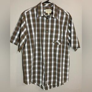 Cabela's Forest Green White Orange Plaid Men's  Short Sleeve Button Shirt Sz L